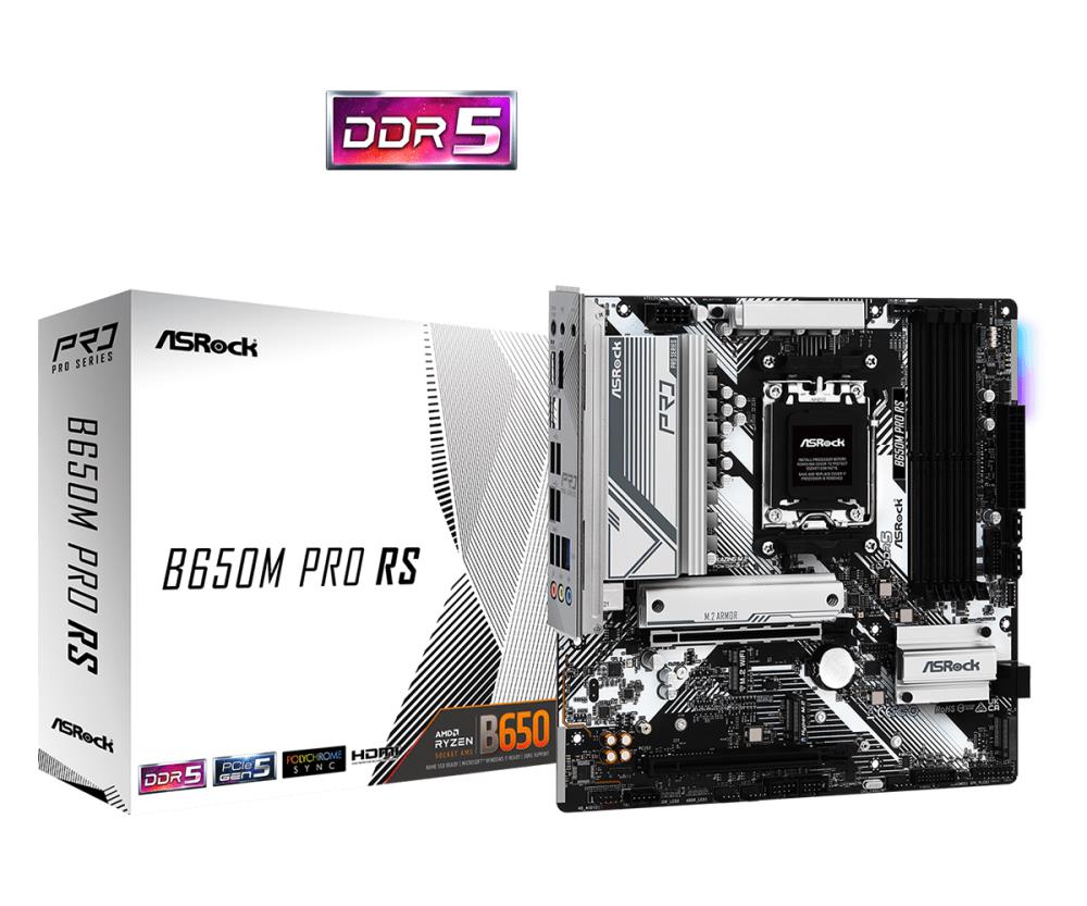 Mainboard ASROCK AMD B650 SAM5 Micro-ATX Memory DDR5 Memory slots 4 1xPCI-Express 3.0 16x 1xPCI-Express 4.0 16x 1xM.2 1xHDMI 1xDisplayPort 4xUSB 2.0 3xUSB 3.2 1xUSB-C 1xRJ45 B650MPRORS