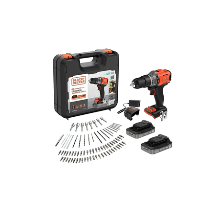 BLACK & DECKER 18V Impact Drill (with 2 x 18V 2.0Ah batteries with charge status indicator, 1A charger and 80 accessorie