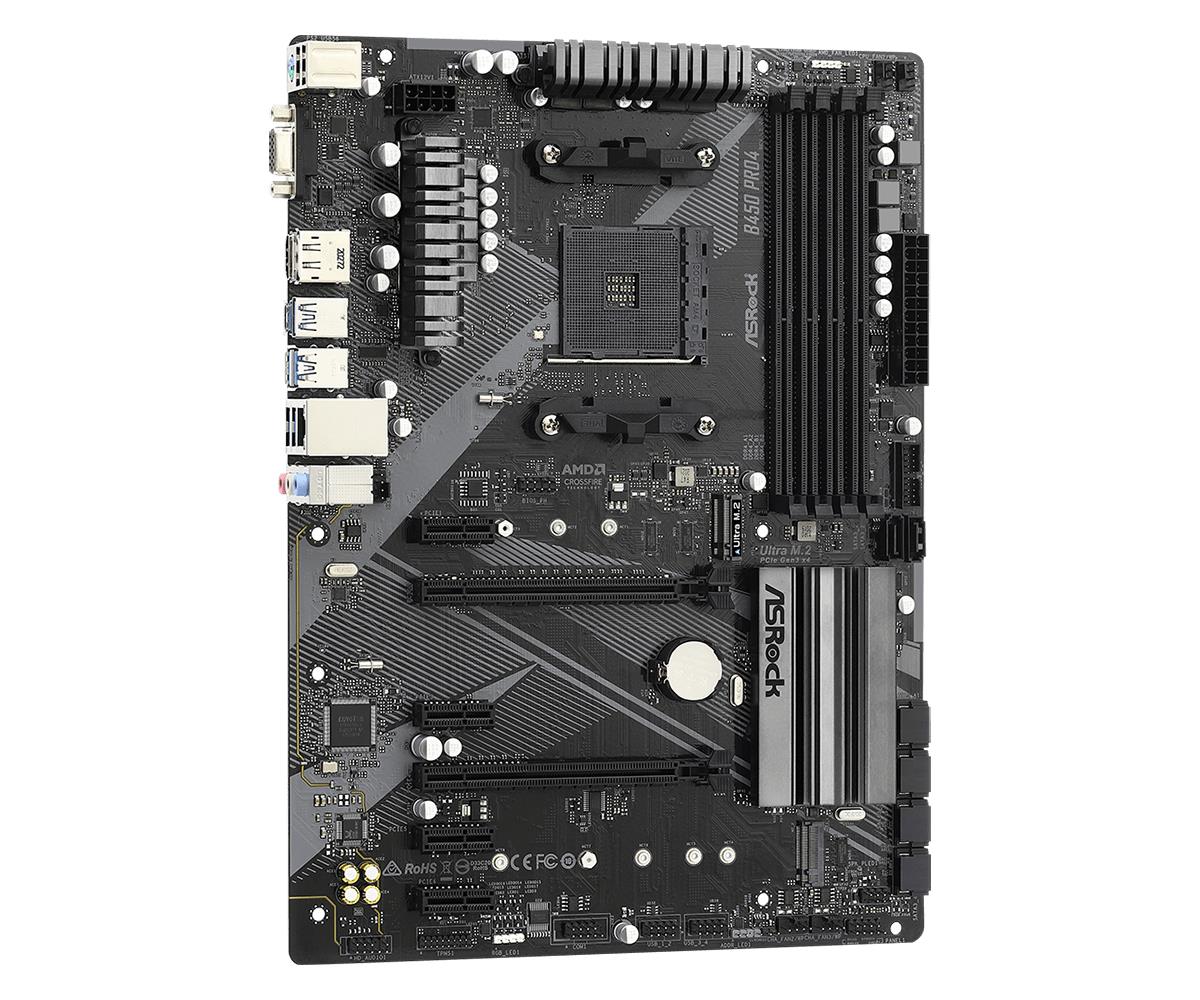 Mainboard ASROCK AMD B450 SAM4 ATX 4xPCI-Express 2.0 1x 2xPCI-Express 3.0 16x 2xM.2 Memory DDR4 Memory slots 4 1x15pin D-sub 1xHDMI 1xDisplayPort 2xAudio-In 1xAudio-Out 2xUSB 2.0 1xUSB type C 5xUSB 3.2 1xPS/2 1xRJ45 B450PRO4R2.0