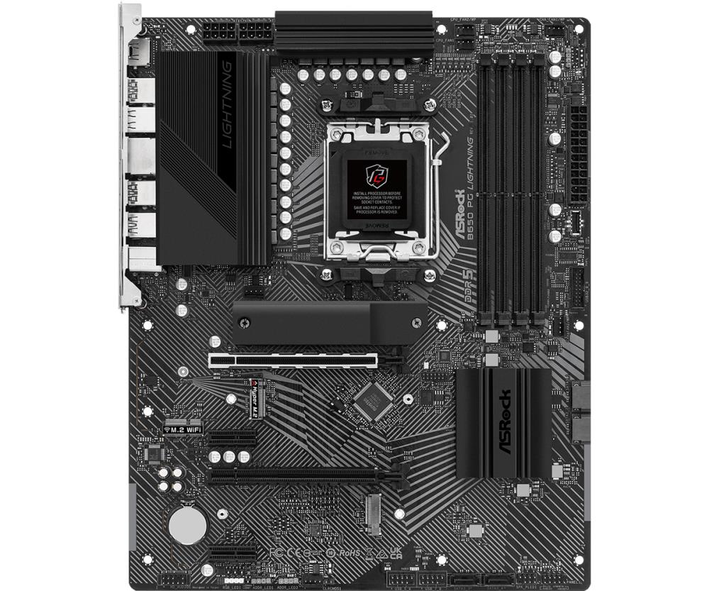 Mainboard ASROCK AMD B650 SAM5 ATX Memory DDR5 Memory slots 4 2xPCI-Express 4.0 1x 2xPCI-Express 4.0 16x 3xM.2 1xHDMI 1xAudio-In 1xAudio-Out 1xMicrophone 4xUSB 2.0 7xUSB 3.2 2xUSB-C 1xRJ45 B650PGLIGHTNING
