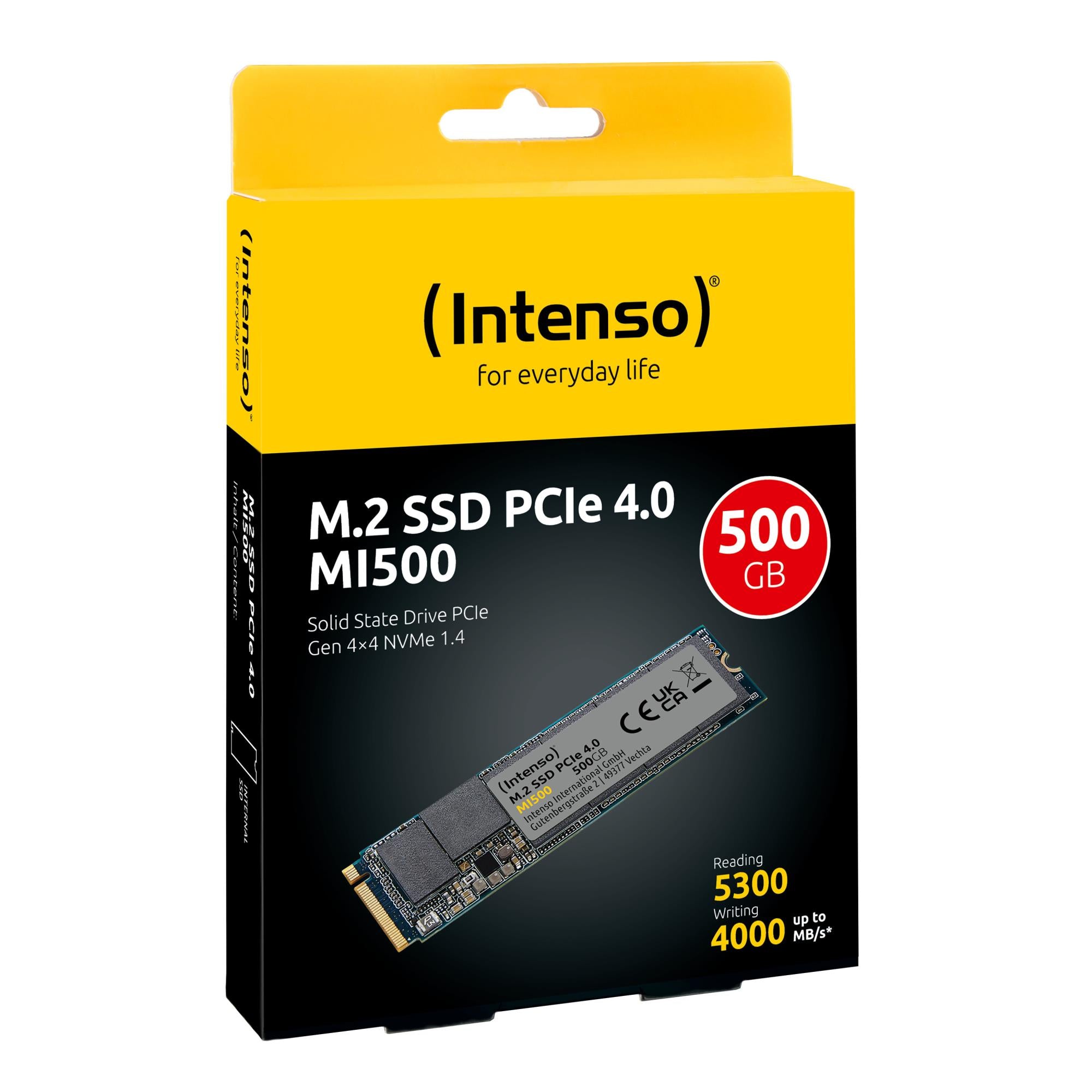 SSD INTENSO MI500 500GB M.2 NVMe 3D NAND Write speed 4000 MBytes/sec Read speed 5300 MBytes/sec 4mm TBW 300 TB MTBF 1500000 hours 3836450
