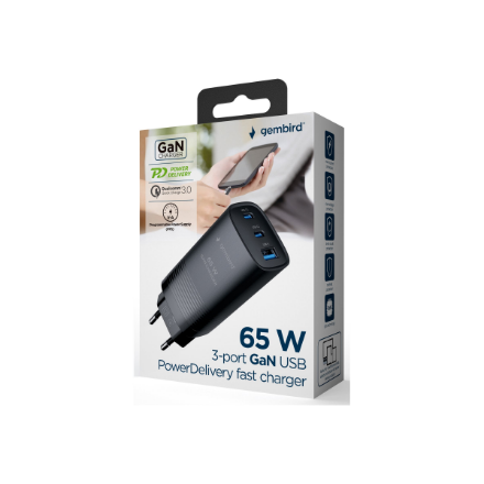 Cablexpert 3-port 65 W GaN USB PowerDelivery fast charger | TA-UC-PDQC65-01-BK