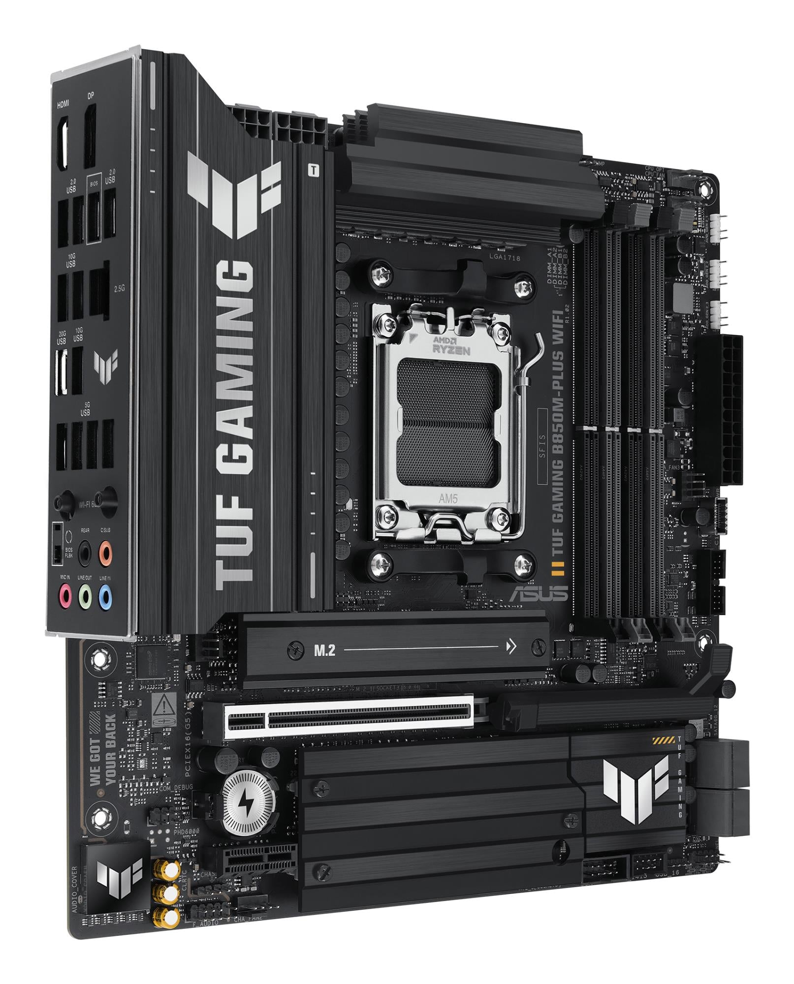 Mainboard ASUS AMD B850 SAM5 Micro-ATX Memory DDR5 Memory slots 4 1xPCI-Express 4.0 1x 1xPCI-Express 4.0 16x 1xPCI-Express 5.0 16x 3xM.2 1xHDMI 1xDisplayPort 11xUSB 2.0 2xUSB-C 1xRJ45 5xAudio port GAMINGB850M-PLUSWIFI