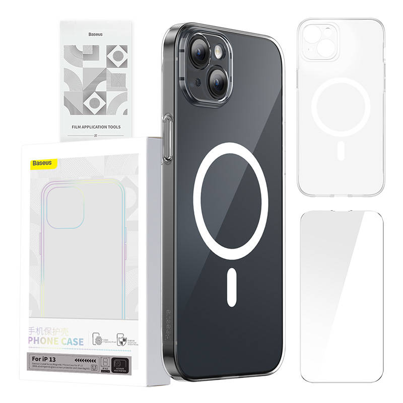 Phone case Baseus Magnetic Crystal Clear for iPhone 13 (transparent) with all-tempered-glass screen protector and cleaning kit - Image 1