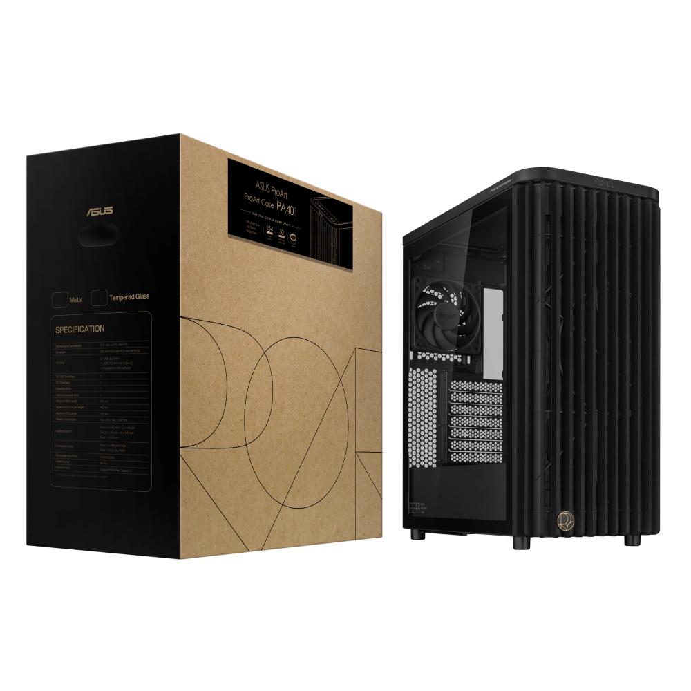 Case ASUS ProArt PA401 Wood Edition - Tempered Glass Panel MidiTower Case product features Transparent panel Not included ATX Colour Black PROARTPA401WOODTGPWM