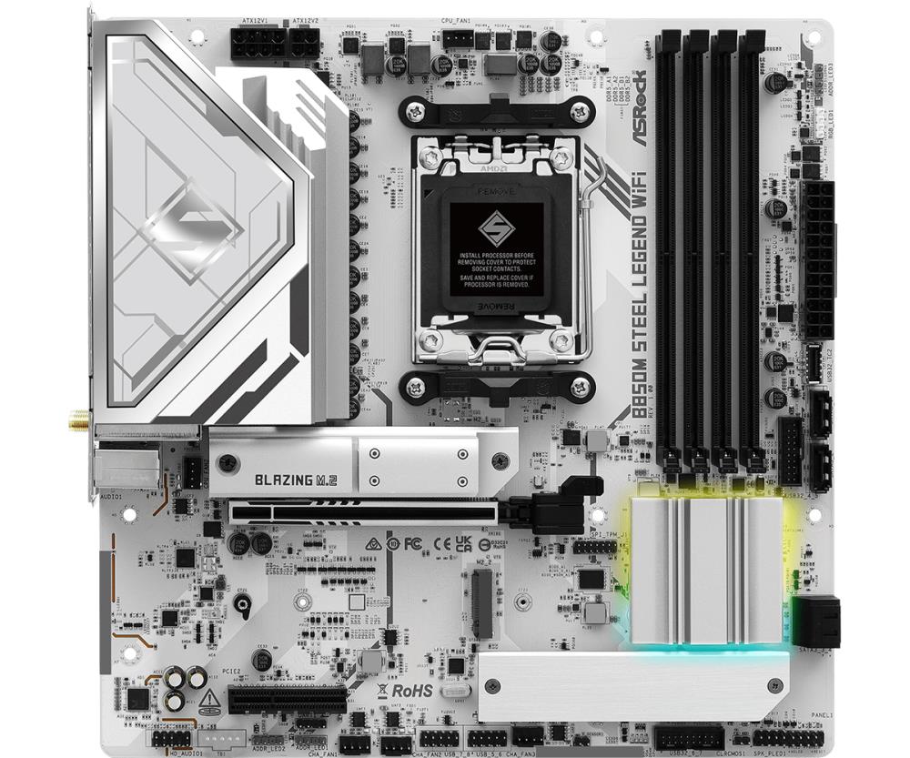Mainboard ASROCK AMD B850 SAM5 Micro-ATX Memory DDR5 Memory slots 4 4xPCI-Express 4.0 4x 1xPCI-Express 5.0 16x 1xM.2 1xHDMI 1xDisplayPort 1xAudio-In 1xAudio-Out 1xMicrophone 4xUSB 2.0 3xUSB 3.2 1xUSB-C 1xRJ45 B850MSTEELLEGENDWIFI