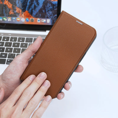 Dux Ducis Skin X2 case for iPhone 14 Pro case with magnetic flap brown