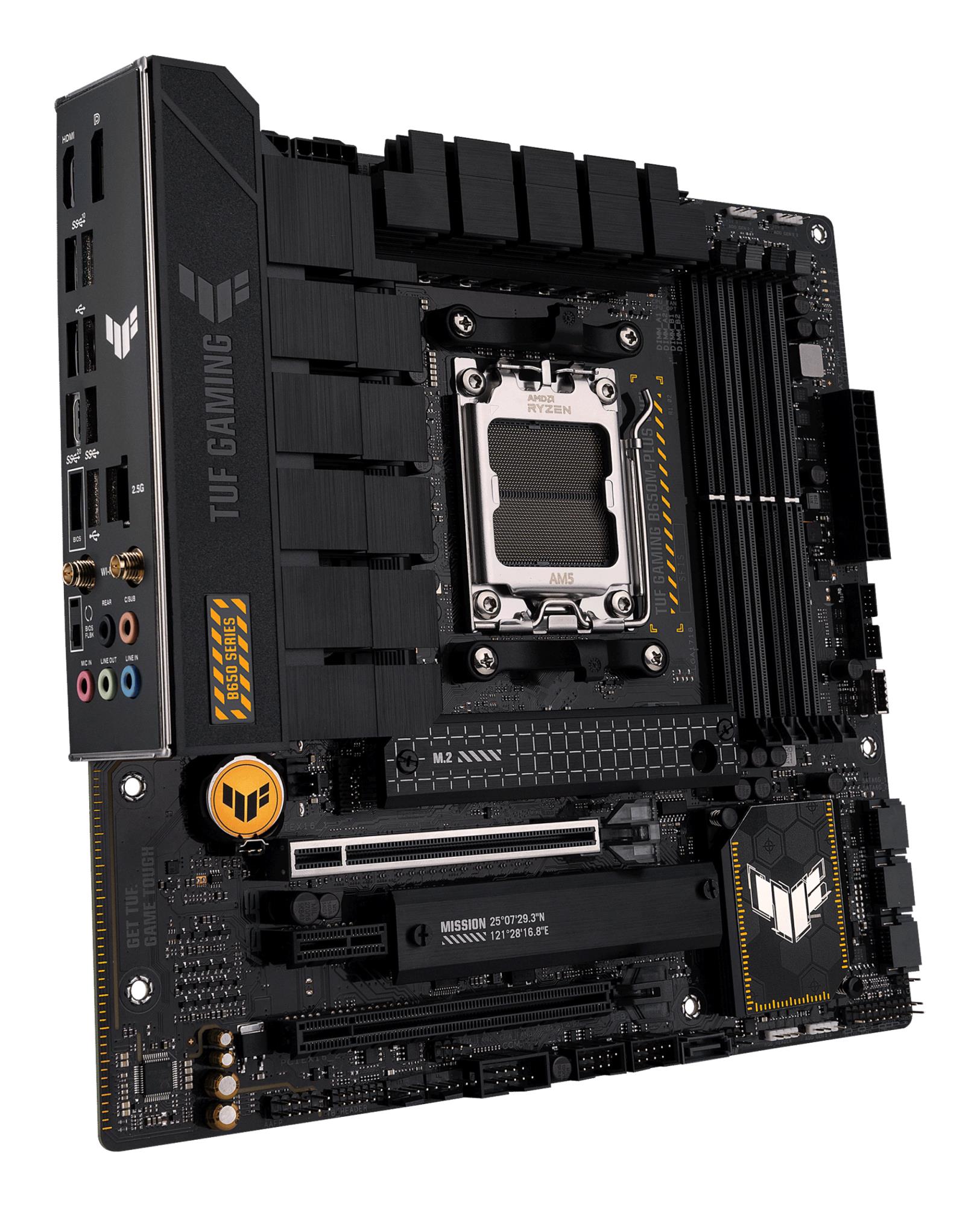 Mainboard ASUS AMD B650 SAM5 MicroATX Memory DDR5 Memory slots 4 1xPCI-Express 4.0 1x 1xPCI-Express 4.0 16x 2xM.2 1xHDMI 1xDisplayPort 4xUSB 2.0 3xUSB 3.2 1xUSB-C 1xRJ45 5xAudio port TUFGAMB650M-PLUSWIFI