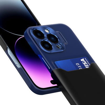 Leather Stand Case case for iPhone 14 Pro cover card wallet with stand blue — Hurtel