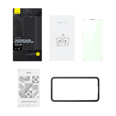 Baseus Full Screen Tempered Glass for iPhone 14 Pro Max with Anti Blue Light Filter and 0.3mm Speaker Cover + Mounting Frame