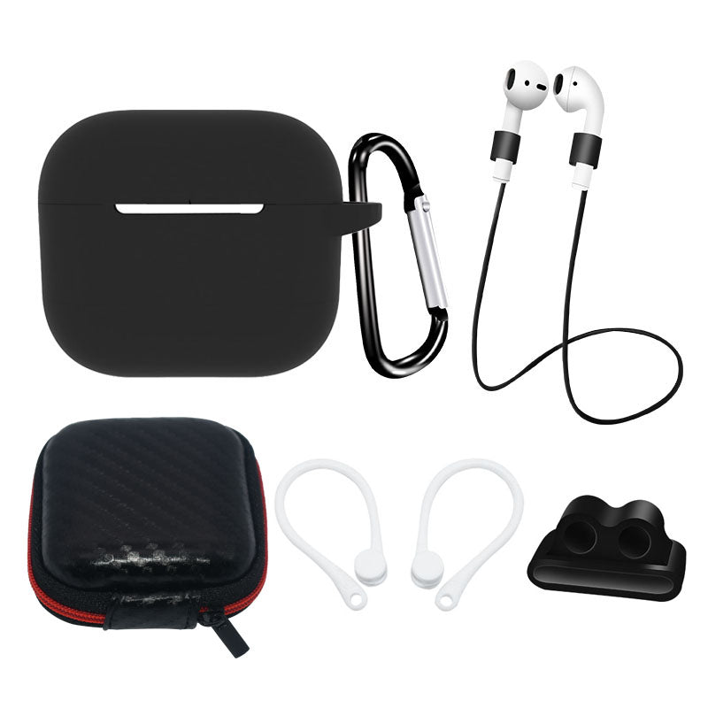 AirPods 3 Silicone Case Set + Case/Ear Hook/Neck Strap/Watch Strap Holder/Carabiner Clasp - black — Hurtel