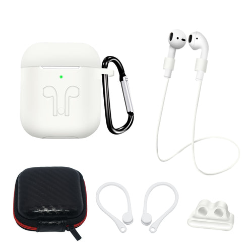 Silicone Case Set for AirPods 2 / AirPods 1 + Case / Ear Hook / Neck Strap / Watch Strap Holder / Carabiner - White — Hurtel