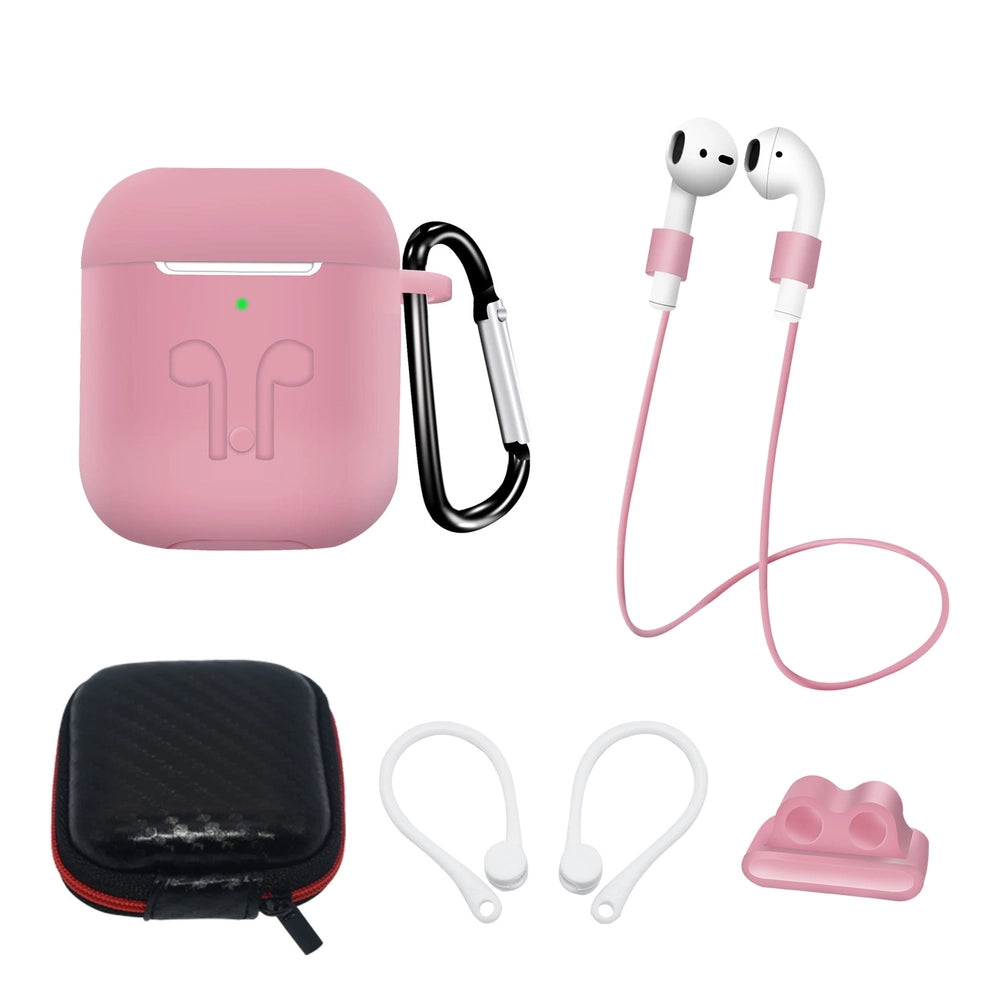 Set of AirPods 2 / AirPods 1 silicone case + case / ear hook / neck strap / watch strap holder / carabiner - pink — Hurtel