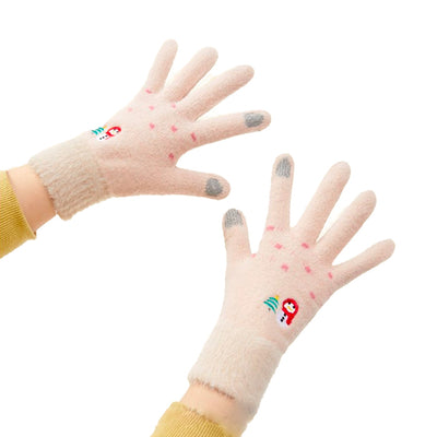 Women's winter telephone gloves with a snowman and a Christmas tree - beige — Hurtel