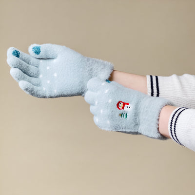 Women's winter telephone gloves with a snowman and a Christmas tree - green — Hurtel