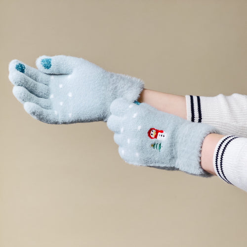 Women's winter telephone gloves with a snowman and a Christmas tree - green — Hurtel