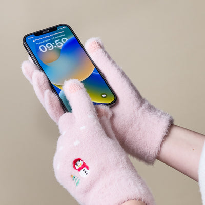 Women's winter telephone gloves with a snowman and a Christmas tree - pink — Hurtel