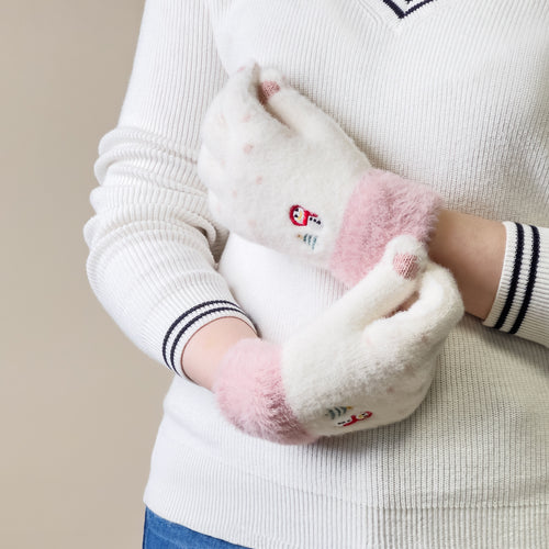 Women's winter telephone gloves with a snowman and a Christmas tree - white and pink — Hurtel