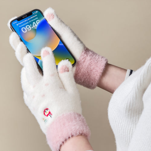 Women's winter telephone gloves with a snowman and a Christmas tree - white and pink — Hurtel