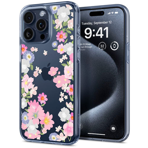Spigen Liquid Crystal iPhone 15 Pro Case - Pink and Blue Flowers