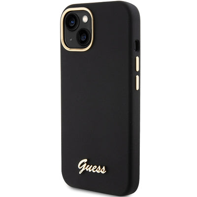 Guess Silicone Script Metal Logo & Frame case for iPhone 15 - black