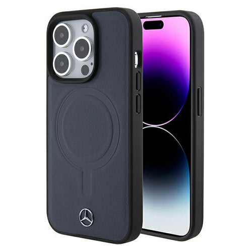 Mercedes Smooth Leather MagSafe case for iPhone 15 Pro - navy blue
