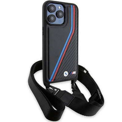 BMW M Edition Carbon Tricolor Lines & Strap case for iPhone 15 Pro Max - black