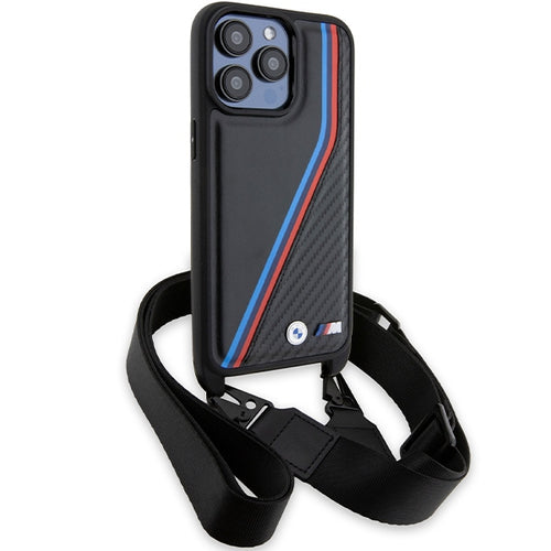 BMW M Edition Carbon Tricolor Lines & Strap case for iPhone 15 Pro Max - black