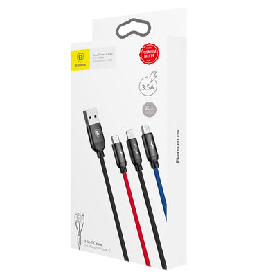 Baseus Three Primary Colors 3in1 USB-A - micro USB / Lightning / USB-C 3.5A cable 0.3 m - black