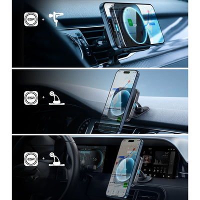 ESR Halolock Magnetic QI2 Car Holder with MagSafe 15W Inductive Charger for Air Vent - Black