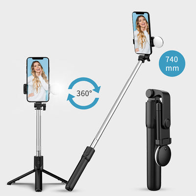Selfie stick WR1YXS telescopic tripod 0.71m with round lamp - black — Hurtel