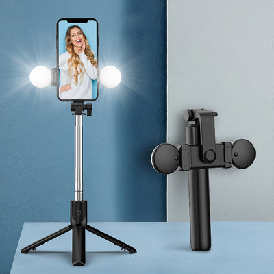 Selfie stick WR1YXS telescopic tripod 0.71m with round lamp - black — Hurtel