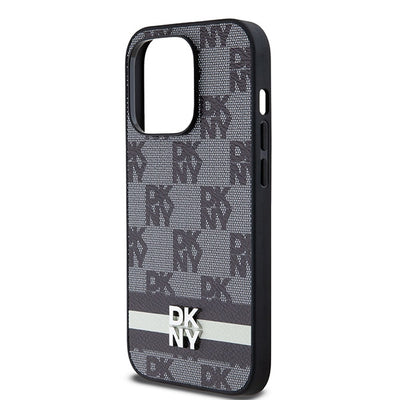 DKNY Leather Checkered Mono Pattern & Printed Stripes iPhone 14 Pro Case - Black