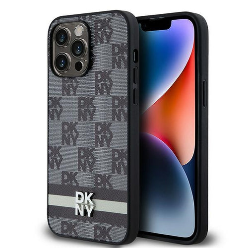 DKNY Leather Checkered Mono Pattern & Printed Stripes Case for iPhone 14 Pro Max - Black