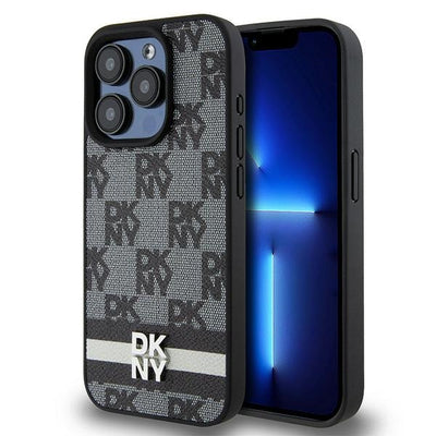 DKNY Leather Checkered Mono Pattern & Printed Stripes iPhone 15 Pro Case - Black