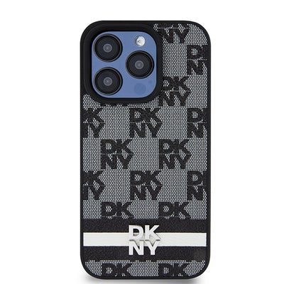 DKNY Leather Checkered Mono Pattern & Printed Stripes iPhone 15 Pro Case - Black