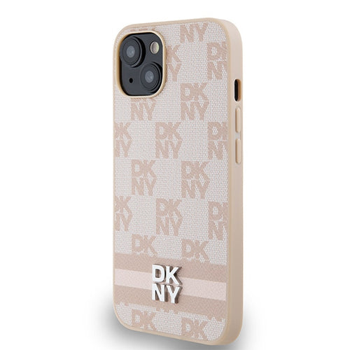 DKNY Leather Checkered Mono Pattern & Printed Stripes Case for iPhone 15 Plus / 14 Plus - Pink