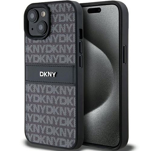 DKNY Leather Mono Stripe & Metal Logo Case for iPhone 15/14/13 - Black