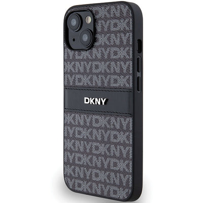 DKNY Leather Mono Stripe & Metal Logo Case for iPhone 15/14/13 - Black