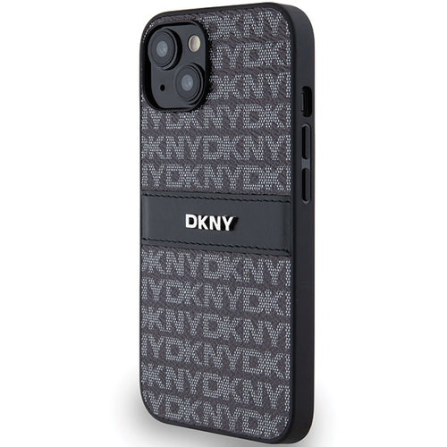 DKNY Leather Mono Stripe & Metal Logo Case for iPhone 15/14/13 - Black