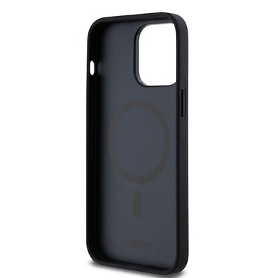 DKNY Leather Monogram Pattern Metal Logo MagSafe Case for iPhone 14 Pro Max - Black