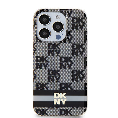 DKNY IML Checkered Mono Pattern & Printed Stripes MagSafe Case for iPhone 15 Pro - Black