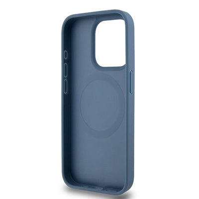 DKNY Leather Monogram Pattern Metal Logo MagSafe Case for iPhone 15 Pro - Blue