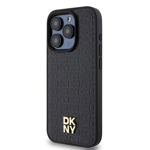 DKNY Leather Monogram Pattern Metal Logo MagSafe Case for iPhone 15 Pro - Black