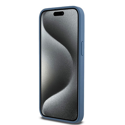 DKNY Leather Monogram Pattern Metal Logo MagSafe Case for iPhone 15 Pro Max - Blue