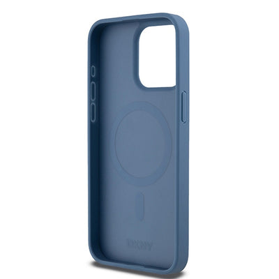 DKNY Leather Monogram Pattern Metal Logo MagSafe Case for iPhone 15 Pro Max - Blue
