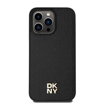 DKNY Leather Monogram Pattern Metal Logo MagSafe Case for iPhone 15 Pro Max - Black