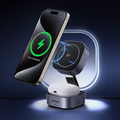 Ugreen W702 3in1 inductive charger with MagSafe / Qi2 and USB-C port for phone / headphones - black