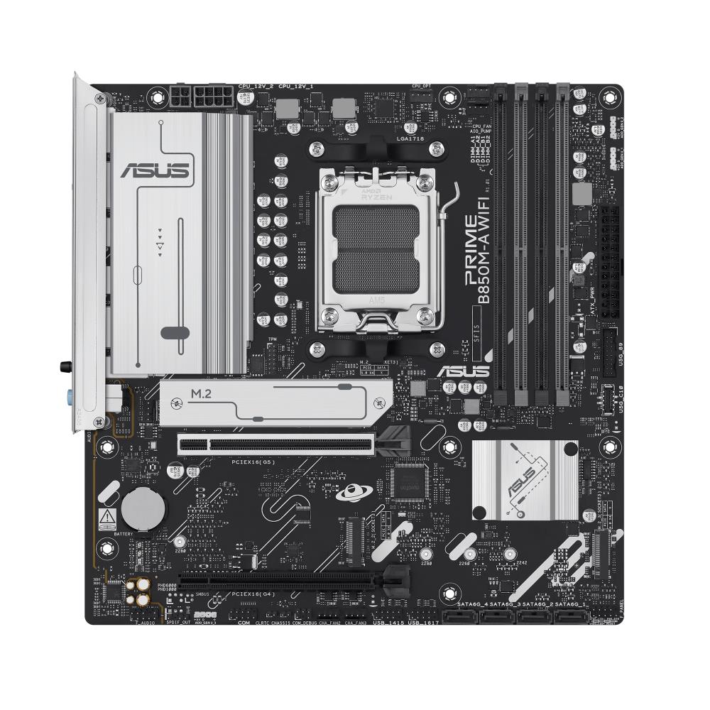 Mainboard ASUS AMD B850 SAM5 Micro-ATX Memory DDR5 Memory slots 4 1xPCI-Express 4.0 16x 1xPCI-Express 5.0 16x 3xM.2 1xHDMI 2xDisplayPort 4xUSB 2.0 4xUSB 3.2 1xRJ45 3xAudio port PRIMEB850M-AWIFI