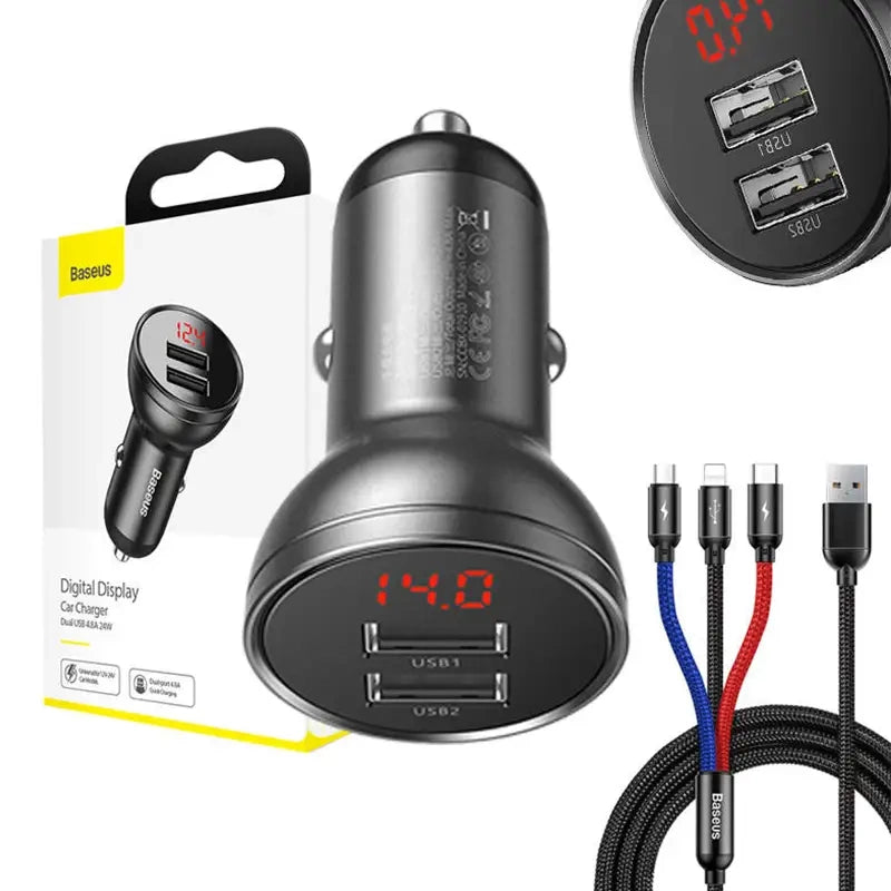 Baseus Car Charger with display 24W + Cable USB 3in1 Baseus Three Primary Colors 1,2m - Product Image 4